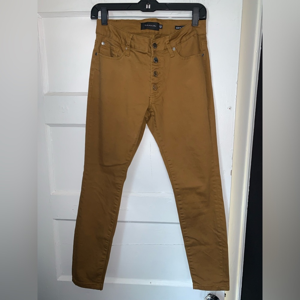 Tahari dark yellow brown‎ Amelia mid rise button fly skinny jeans size 6